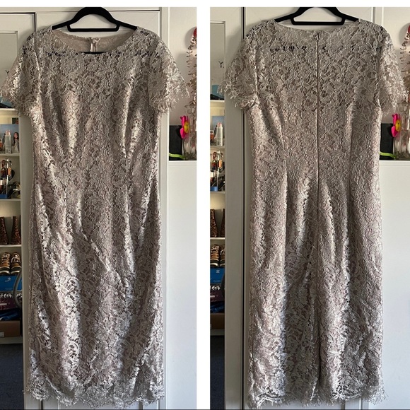 JS Collections Metallic Lace Short Sleeve Sheath Midi Dress Size 12 - Picture 3 of 11